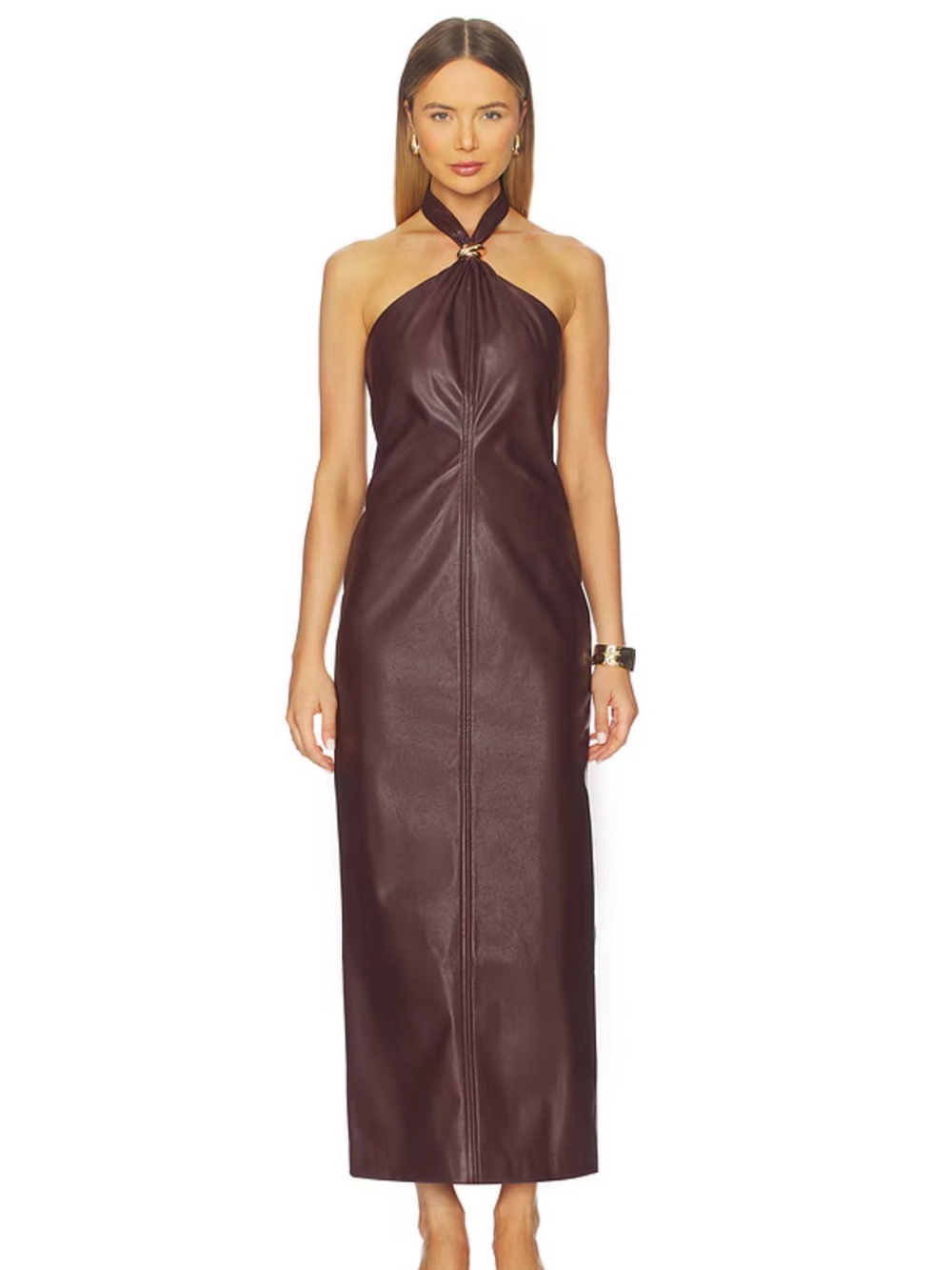 4th & Reckless / Revolve Rhea Faux Leather Halter Dress in Burgundy